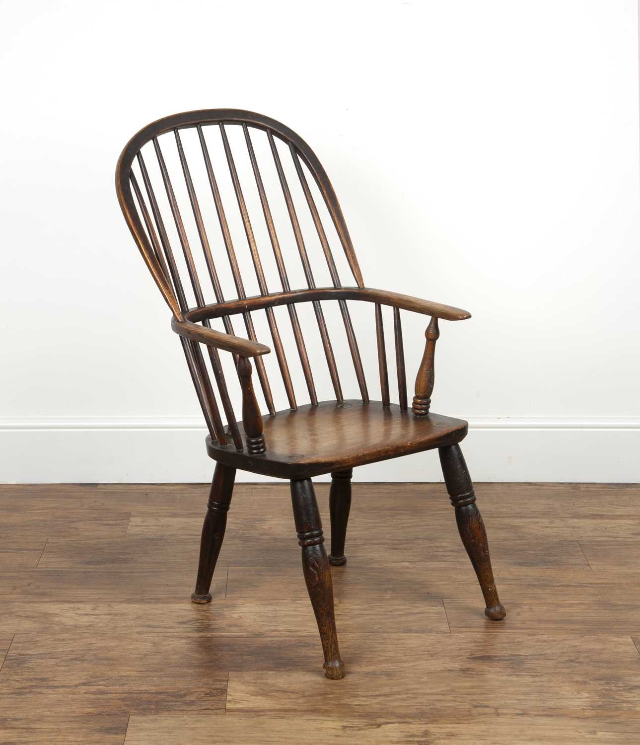 Windsor chair ash and elm, 19th Century, with hoop spindle back, 98cm high overallHeavy wear,