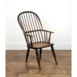 Windsor chair ash and elm, 19th Century, with hoop spindle back, 98cm high overallHeavy wear,