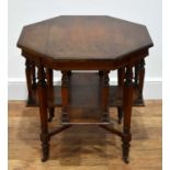 Aesthetic movement walnut, occasional table with octagonal top, stepped out base on square