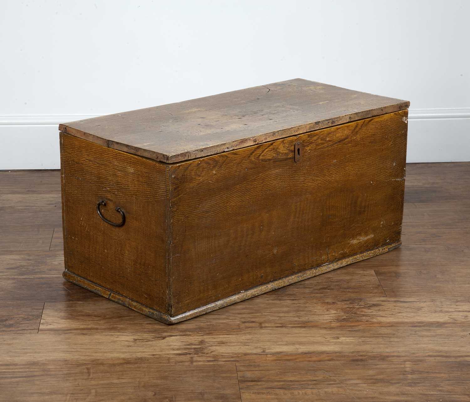 Scumbled blanket box 19th Century, with twin metal handles, the interior fitted with a lidded candle - Image 2 of 6