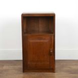 Cotswold School oak, bedside table or pot cupboard, with fielded panelled door and wooden handle,