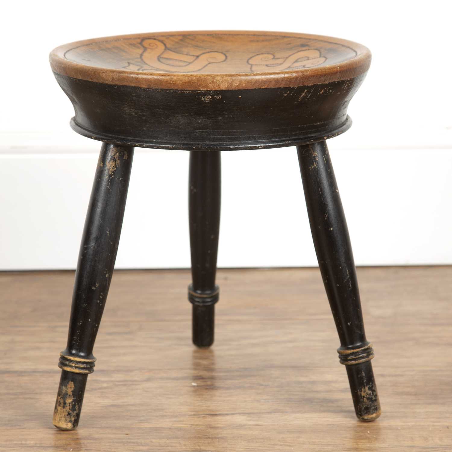 Scottish School low stool with ebonised base and circular pokerwork top reading 'Sit ye doun', - Image 5 of 6