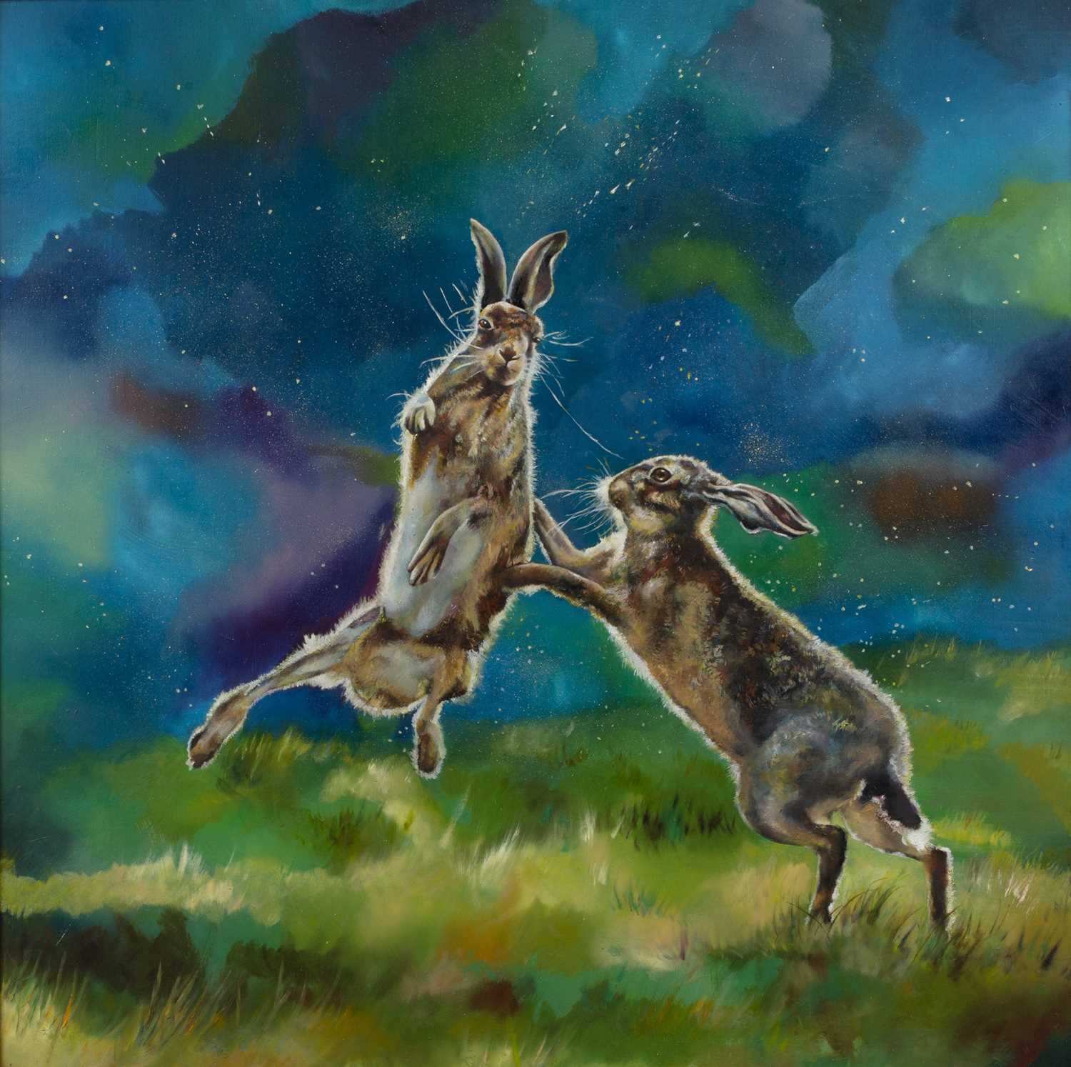 Flis Rothwell (Contemporary Liverpool School) 'Untitled hares', oil on board, unsigned, 60cm x