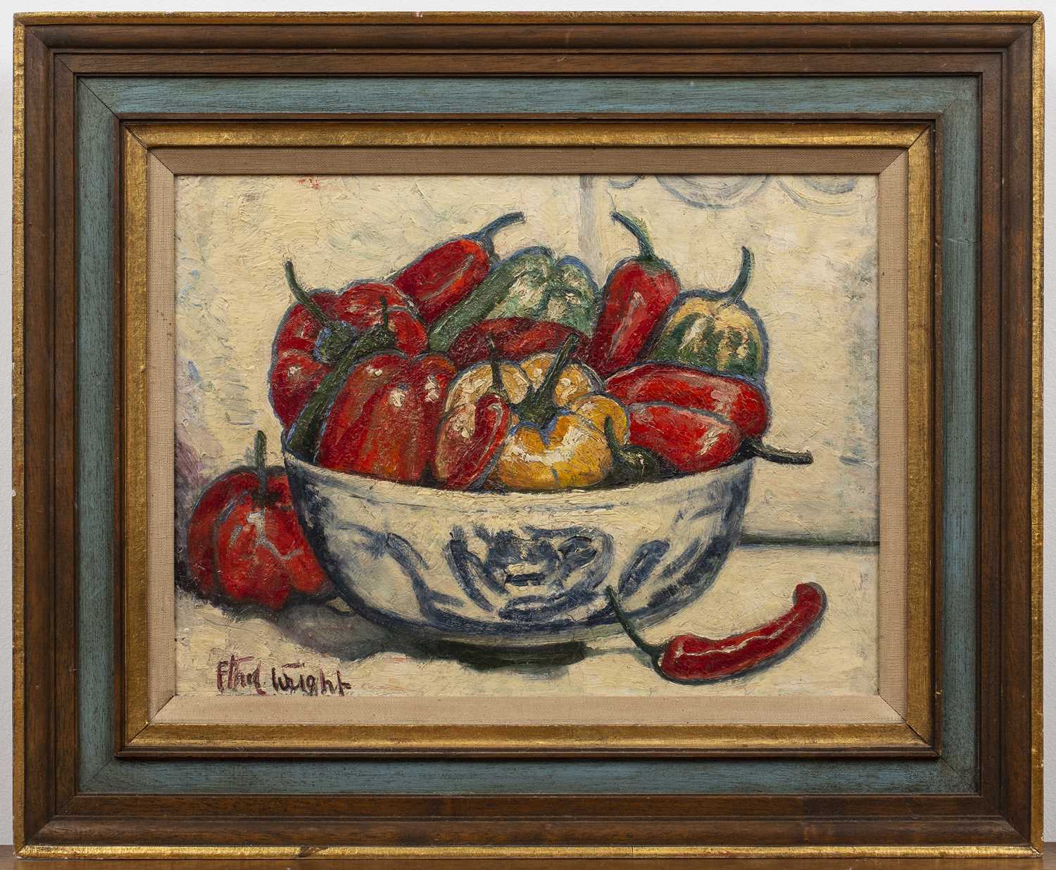 Ethel Wright (1866-1939) 'Bowl of peppers', oil on panel, signed lower left, 29cm x 39cm Provenance: - Image 2 of 4