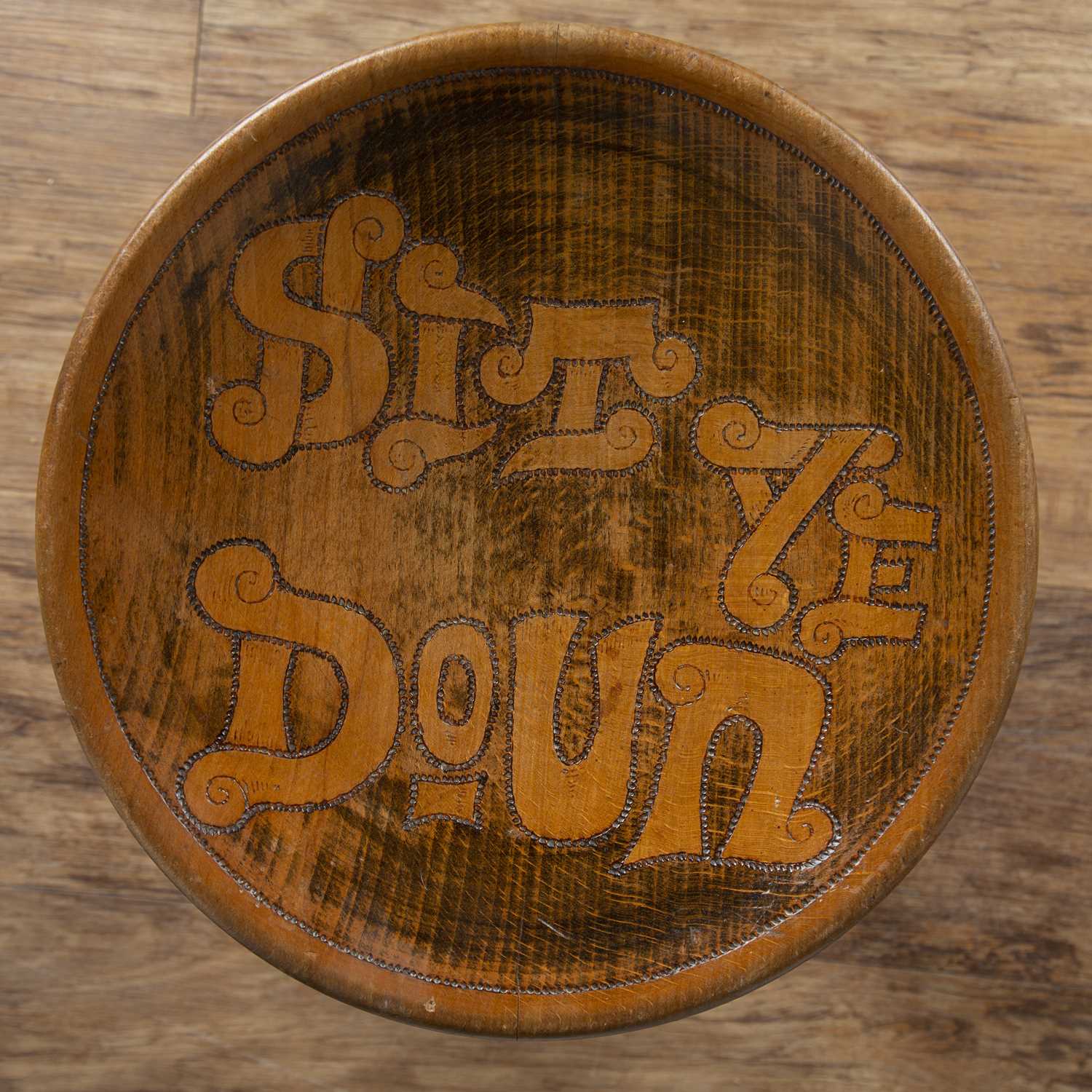Scottish School low stool with ebonised base and circular pokerwork top reading 'Sit ye doun', - Image 4 of 6
