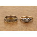 Two 18ct gold rings one a solitaire diamond in platinum setting, size M/N, 3g approx overall, and