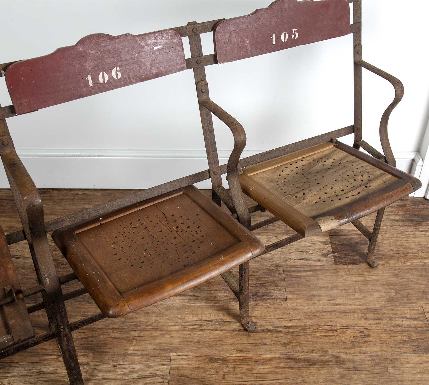 Vintage theatre chairs comprising of four joined seats, painted wood on wrought metal base, the back - Image 6 of 7