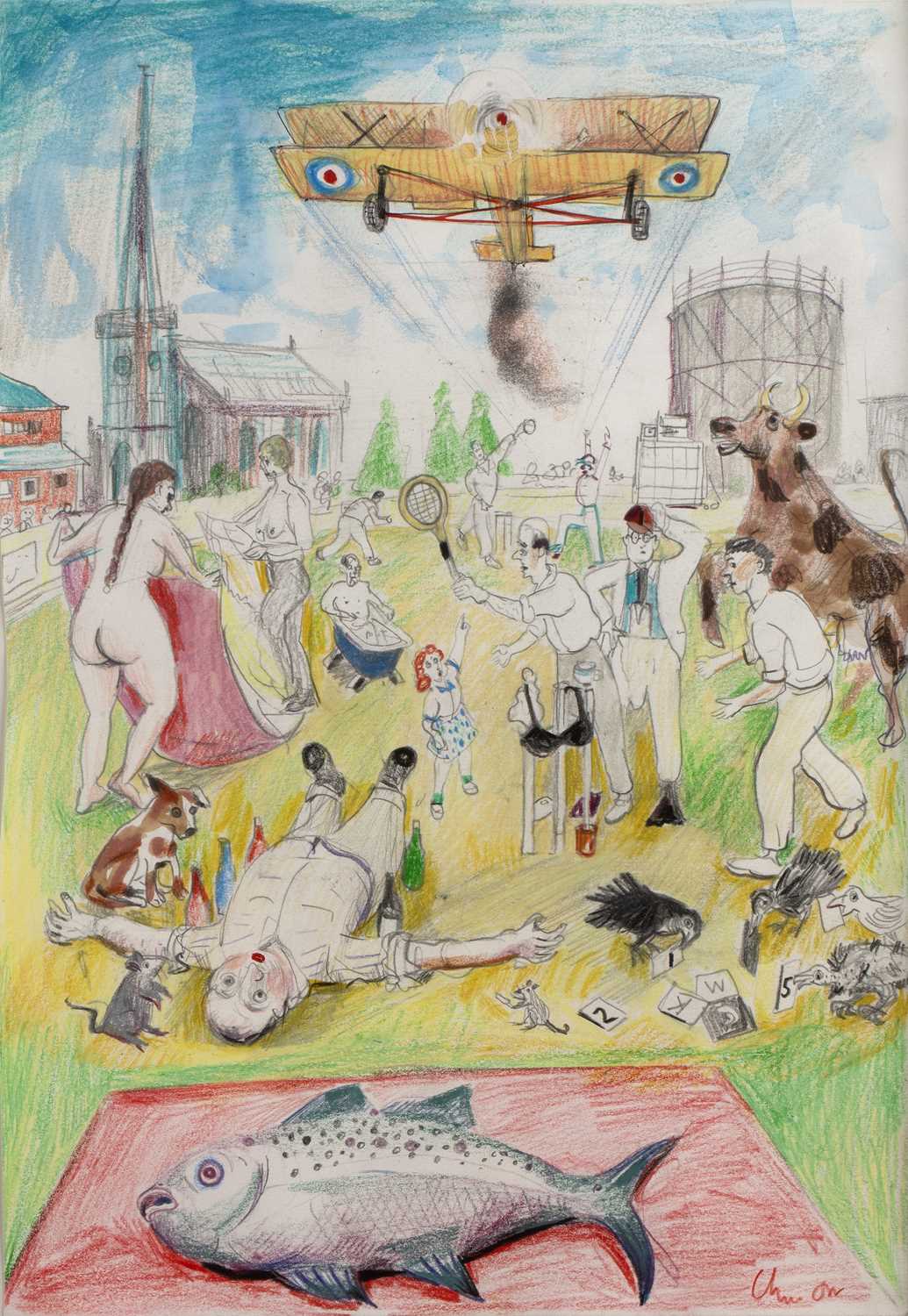 Chris Orr (b.1943) 'Untitled Village Fete', watercolour, signed lower right, 41cm x 28.5cmScuffs,