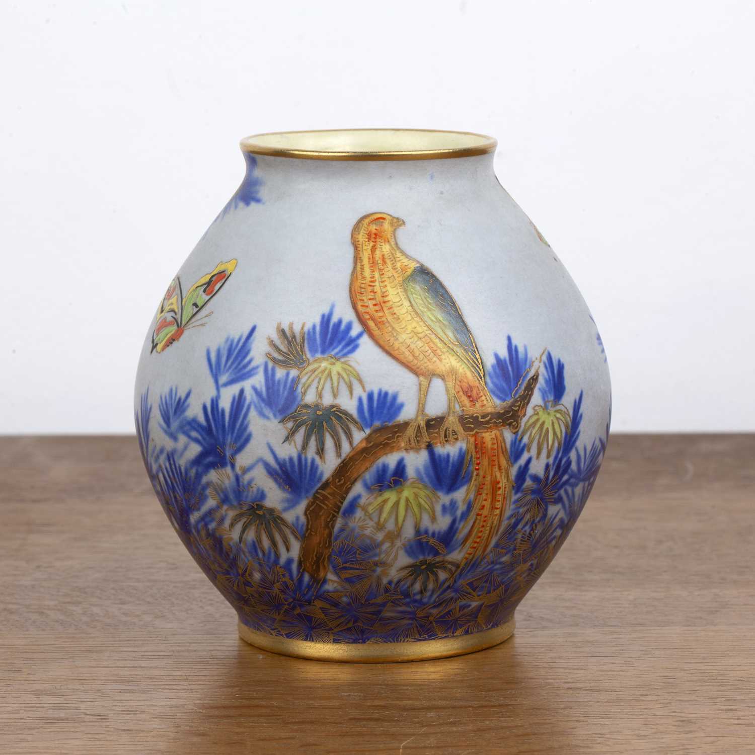 Pair of Carltonware vases with Art Deco bird decoration on blue ground, transfer marks to the - Image 4 of 6