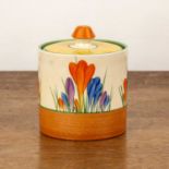 Clarice Cliff (1899-1972) 'Autumn crocus' honey pot and cover, signed to the base, 9cm high