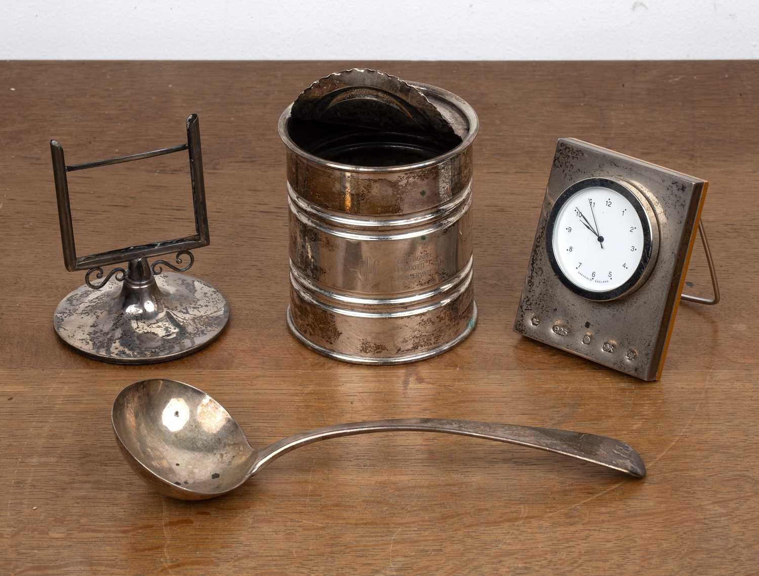 Collection of silver comprising of: a Continental white metal novelty can or desk pot, engraved 'CPC