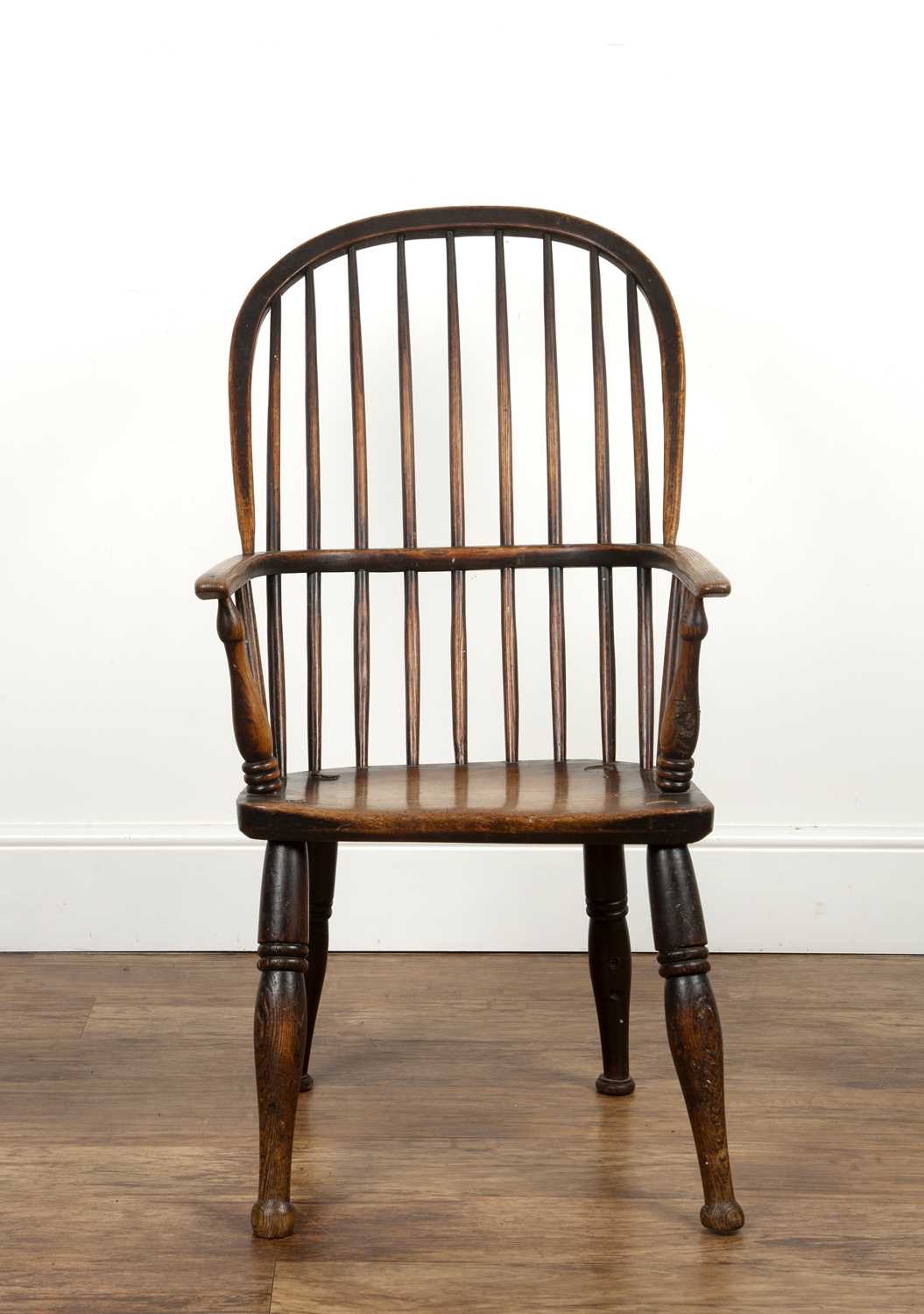 Windsor chair ash and elm, 19th Century, with hoop spindle back, 98cm high overallHeavy wear, - Image 6 of 7