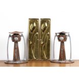 Collection of metalware comprising of: a pair of copper and pewter Art Nouveau candlesticks,