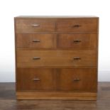 Hamptons (Art Deco) Walnut, chest of drawers, with metal handles, plaque to the reverse which