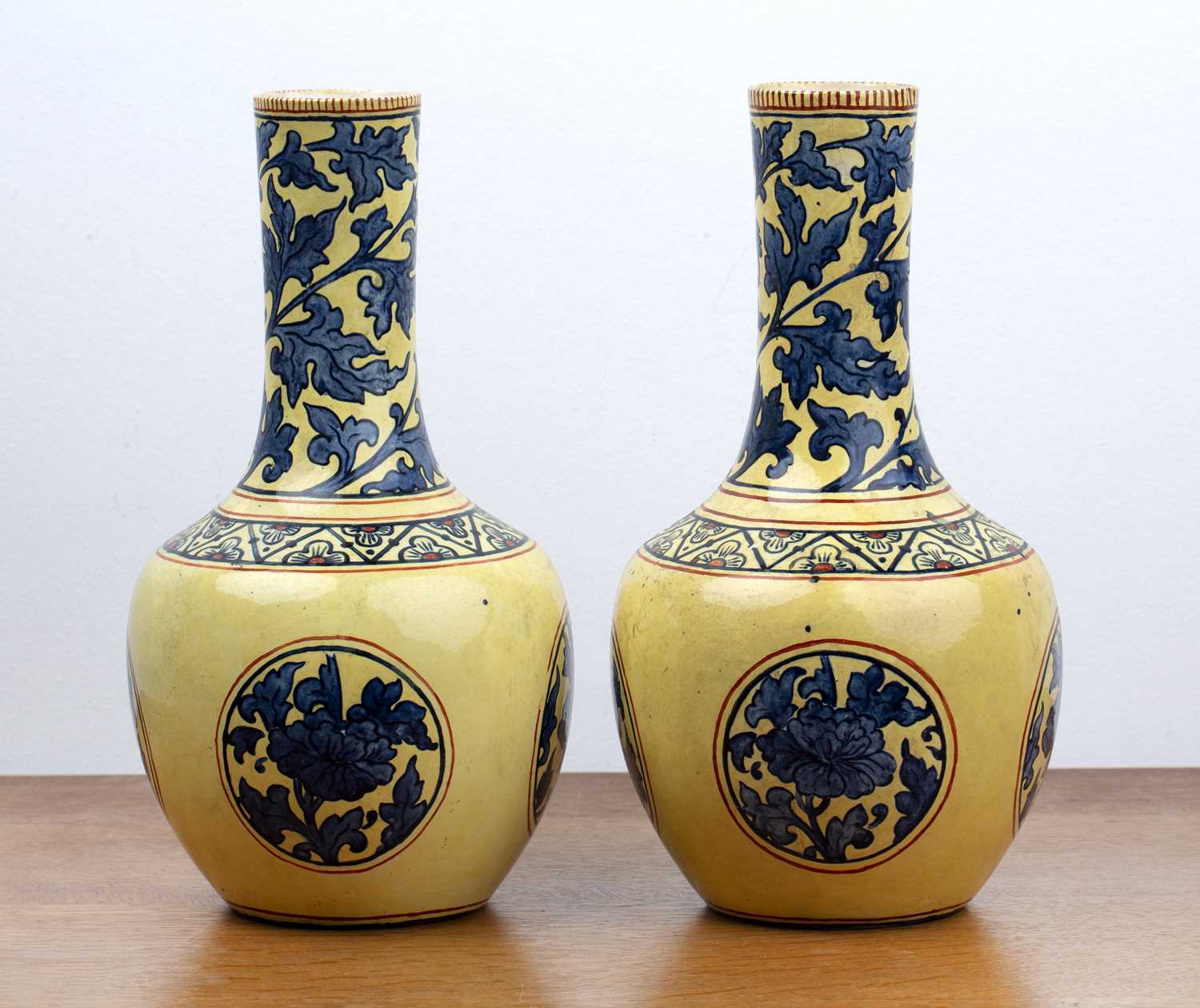 Pair of Mintons pottery vases with blue foliate designs on yellow ground, decorated in the Chinese - Image 2 of 4