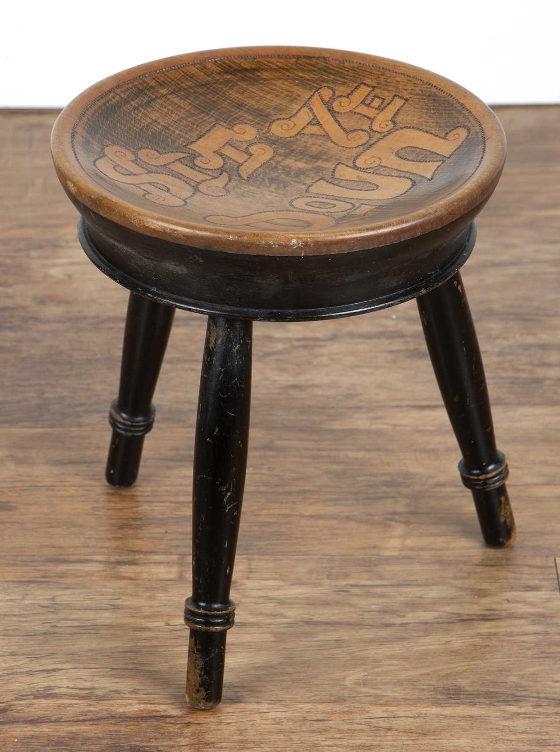 Scottish School low stool with ebonised base and circular pokerwork top reading 'Sit ye doun', - Image 2 of 6