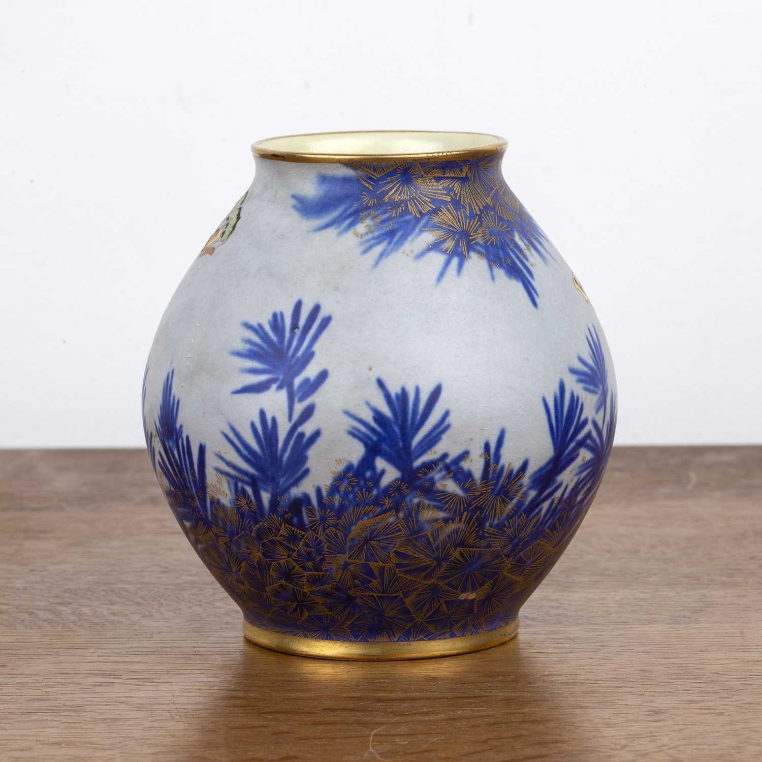 Pair of Carltonware vases with Art Deco bird decoration on blue ground, transfer marks to the - Image 5 of 6