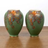 Pair of Crown Devon vases ceramic, decorated in the Chinese taste with dragons on a green ground,