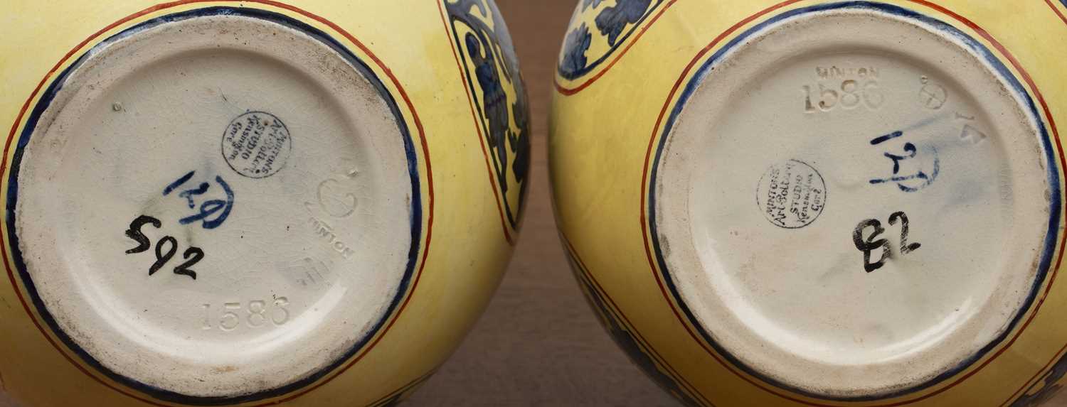 Pair of Mintons pottery vases with blue foliate designs on yellow ground, decorated in the Chinese - Image 3 of 4