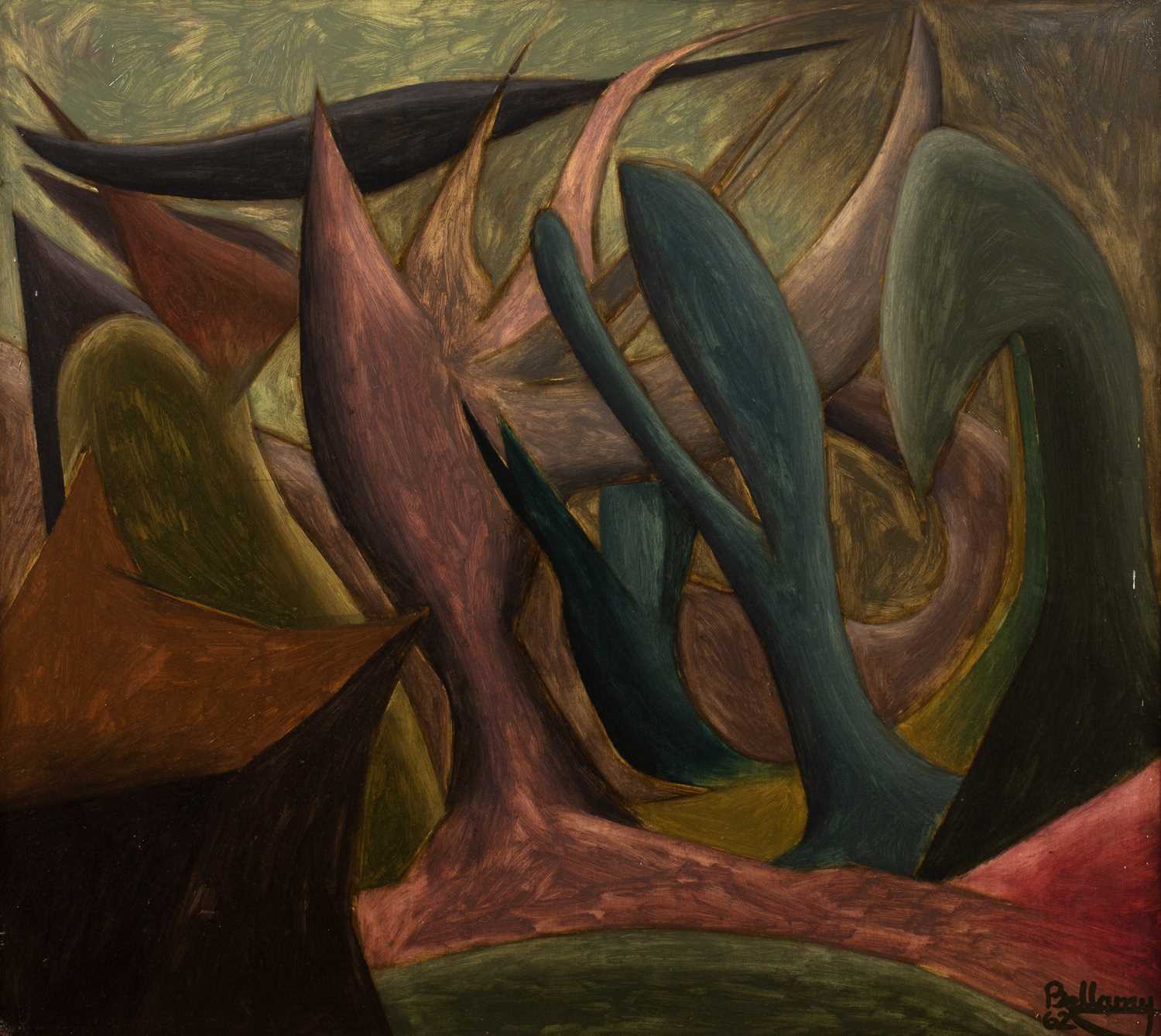 Bellamy (20th Century Surrealist School) 'Untitled Surrealist landscape', oil on board, signed and