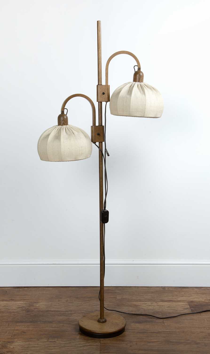 Contemporary standard lamp oak, with adjustable with shaped seed pod shades and weighted base, 158cm