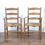 Gordon Russell (1892-1980) Pair of ash and elm ladderback armchairs with rush seats, unmarked,