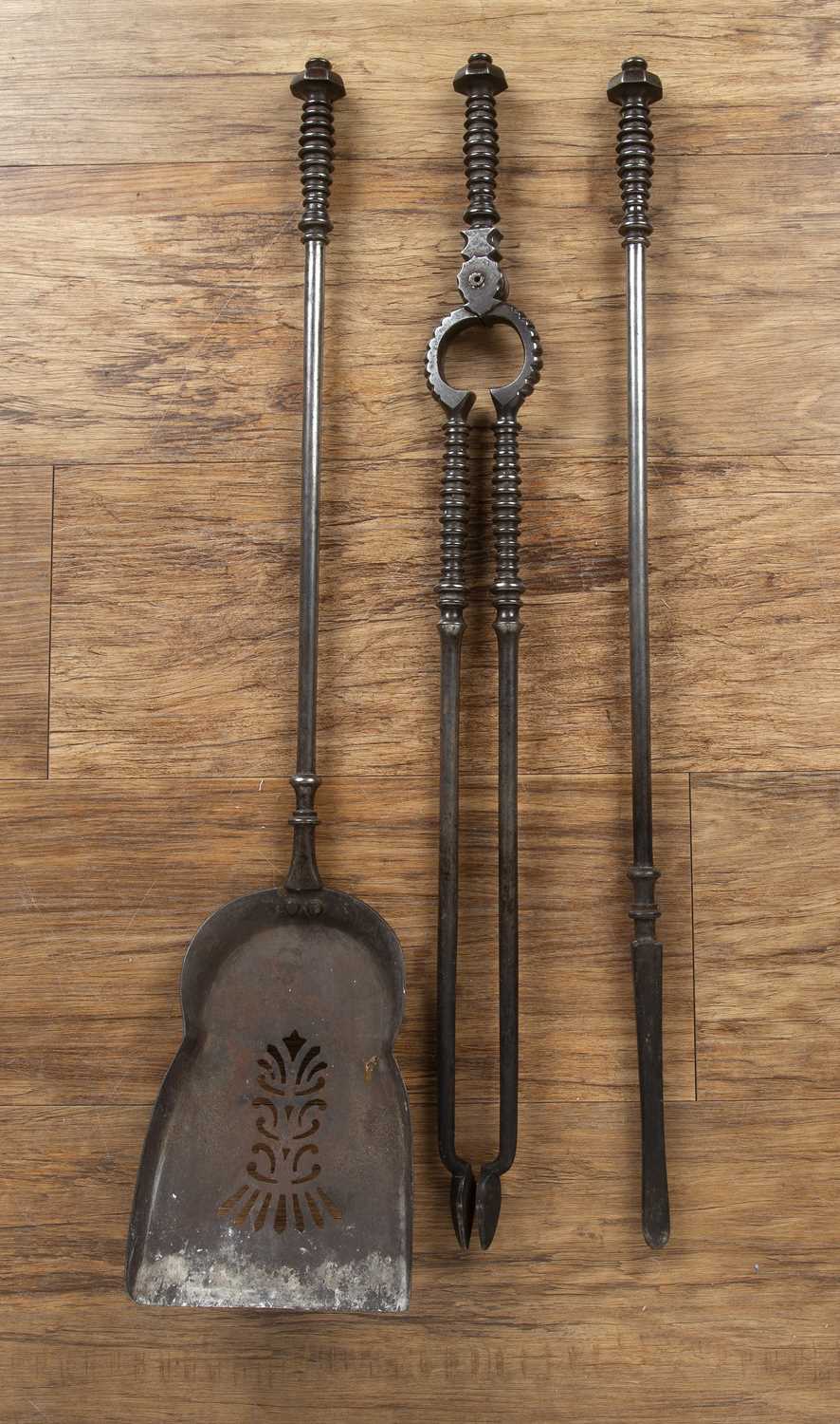 Cotswold School set of steel fire irons, comprising of a shovel, poker and tongs, longest is 78cm
