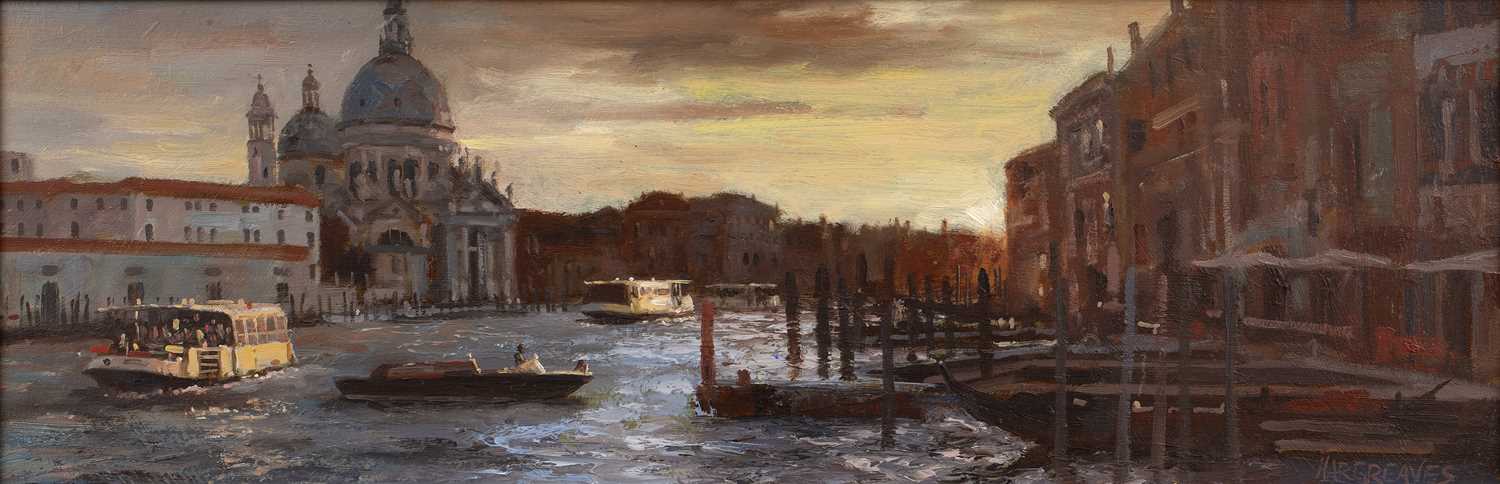 Ian Hargreaves (b.1957) 'Venice, Fading light', oil on board, signed lower right, 17cm x 51cmOverall