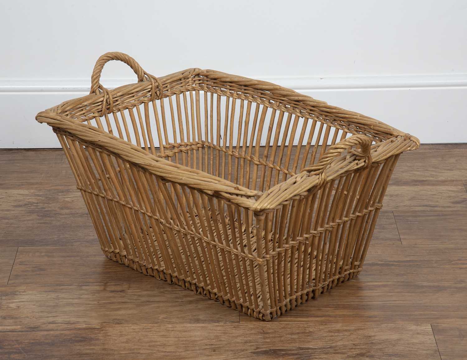 Wicker basket 20th Century, handmade with twin loop handles, 70cm wide x 31cm high x 46cm deepAt - Image 4 of 4