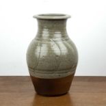 In the manner of Richard Batterham (1936-2021) studio pottery ash glazed tall vase, unmarked, 30.5cm