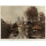 Camille Fonce (1867-1937) River landscape with cathedral, etching in colours, pencil signed in the