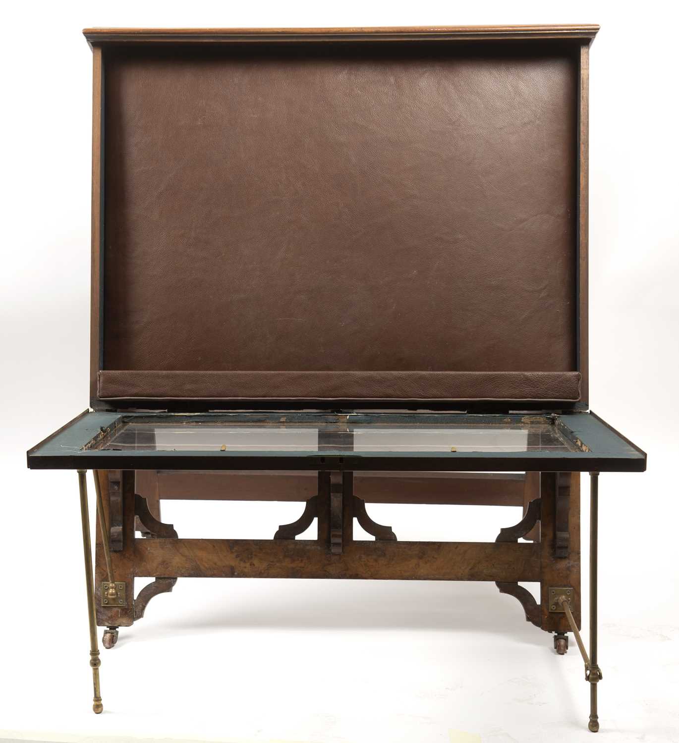 A Victorian walnut easel folio stand with hinged top and glazed fall with brass rod supports, the - Image 3 of 3