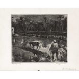 Margo Veillon (1907-2003) Drover with mule, etching with aquatint, pencil signed in the margin and
