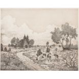 B * Han (?) (20th century) Landscape with sheep, etching, pencil signed in the margin, dated '87 and