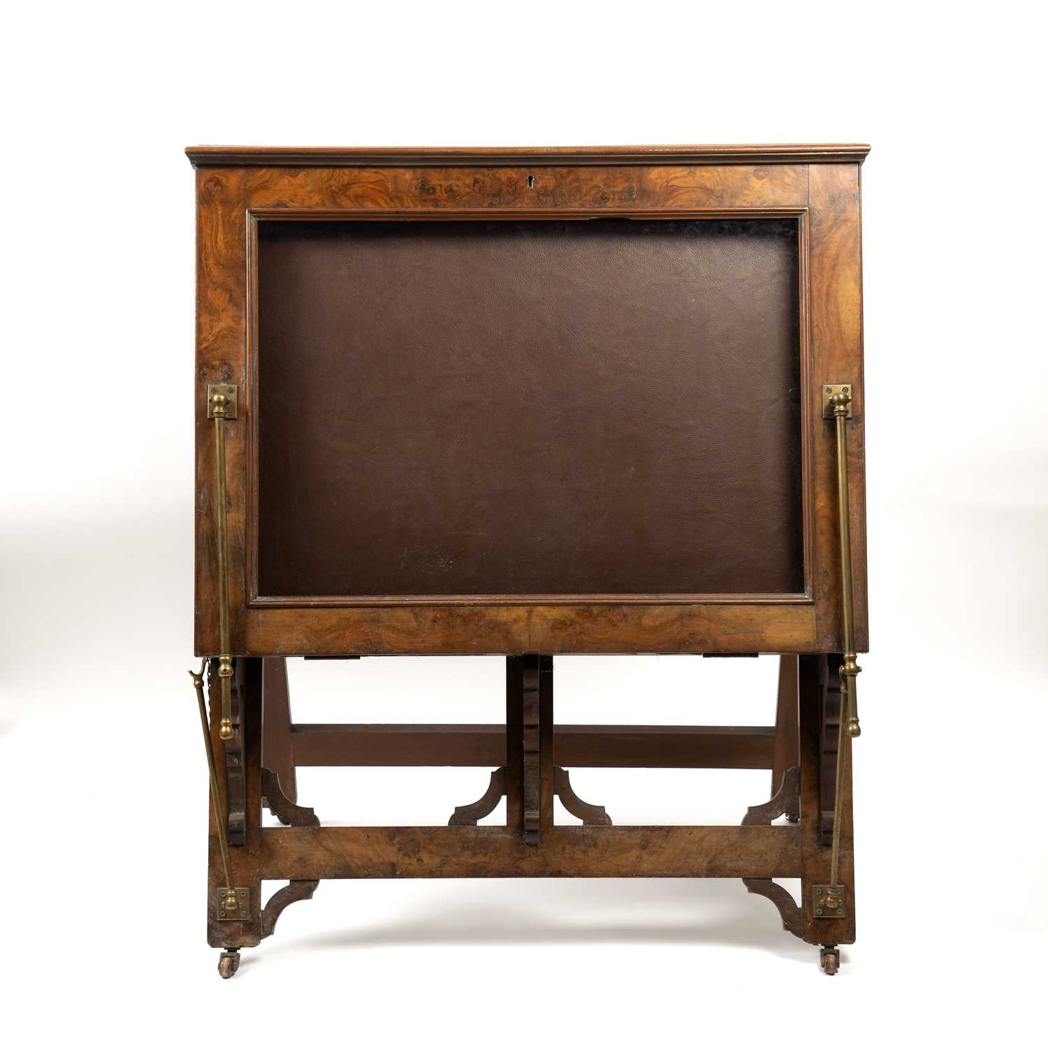 A Victorian walnut easel folio stand with hinged top and glazed fall with brass rod supports, the - Image 2 of 3