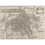 David Loggan Aerial view of Oxford with decorative figural cartouche engraving, and vignette view of