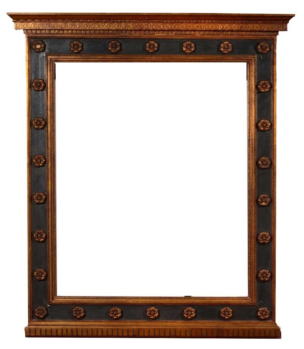 A Renaissance style giltwood and composition tabernacle frame with stepped and projecting cornice,