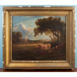 19th century English school, landscape with cattle by a tree with a distant church