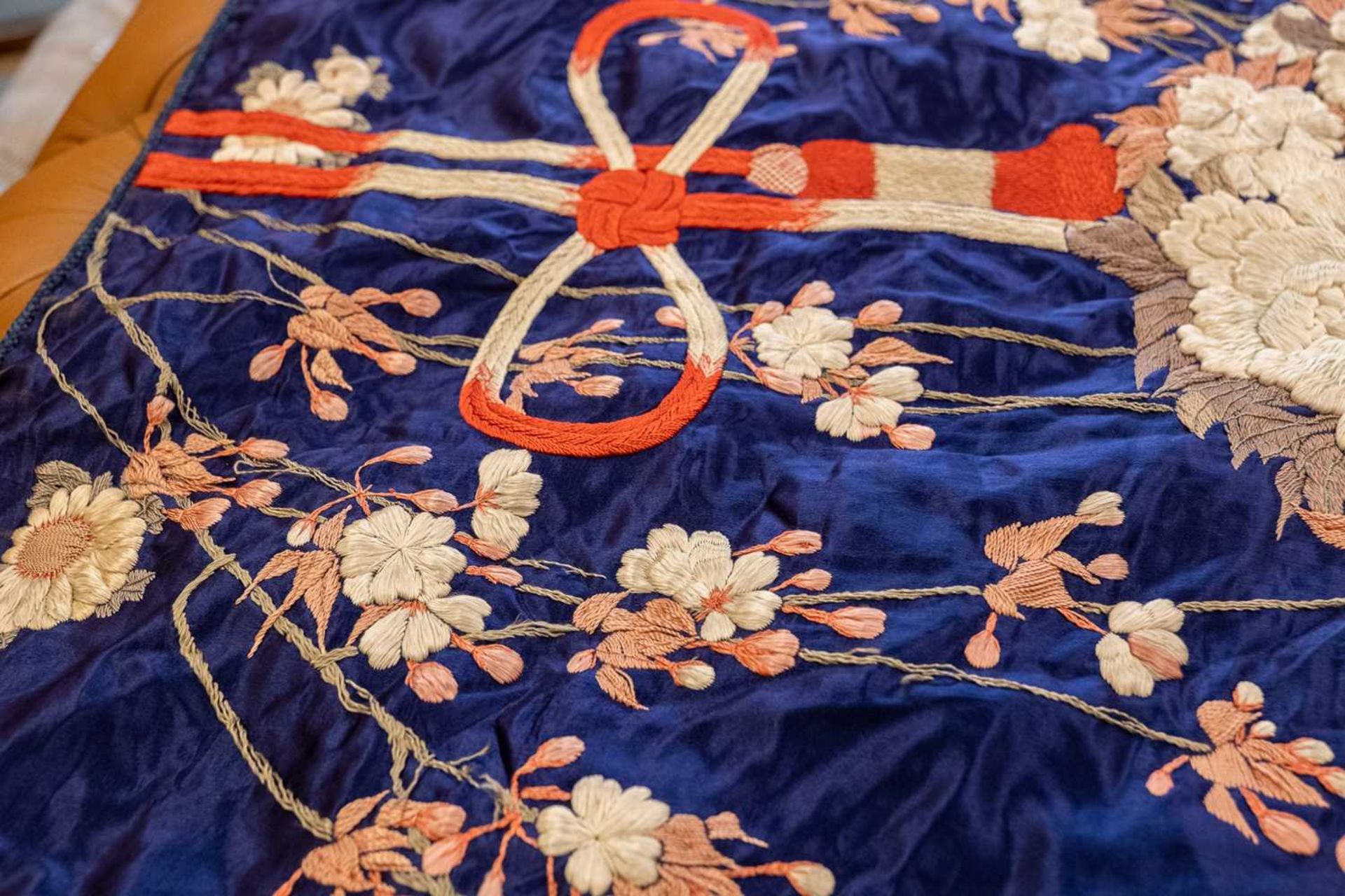 A decorative Japanese dark blue ground silk panel or hanging - Image 5 of 16