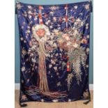 A decorative Japanese dark blue ground silk panel or hanging