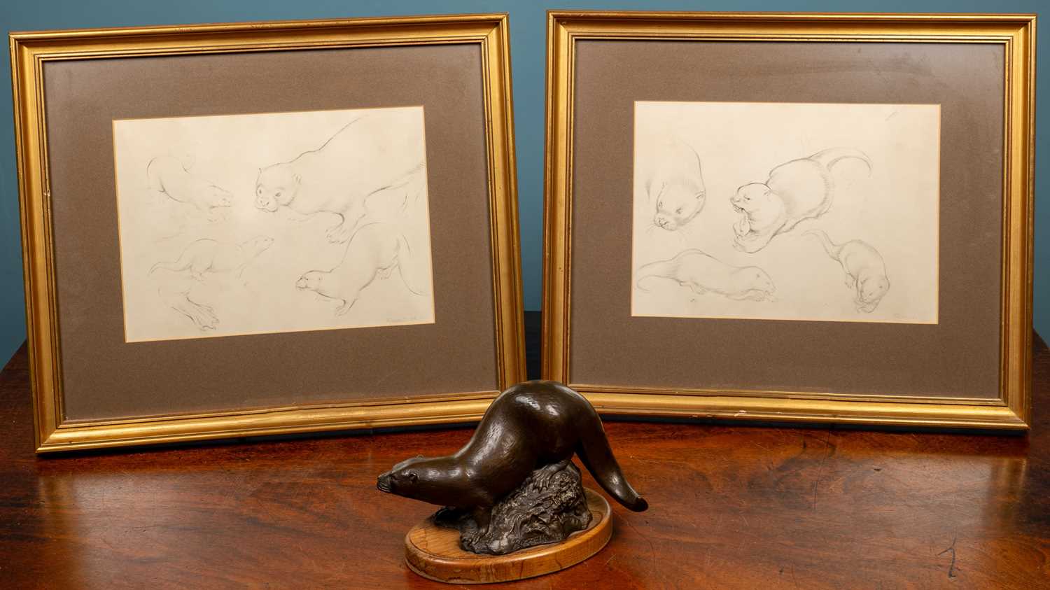 Michael Rizzello (British b.1926-d.2004), Otter together with a pair of framed preparatory sketches