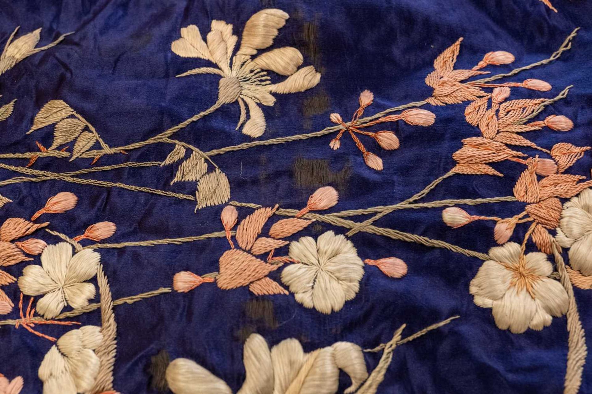 A decorative Japanese dark blue ground silk panel or hanging - Image 13 of 16