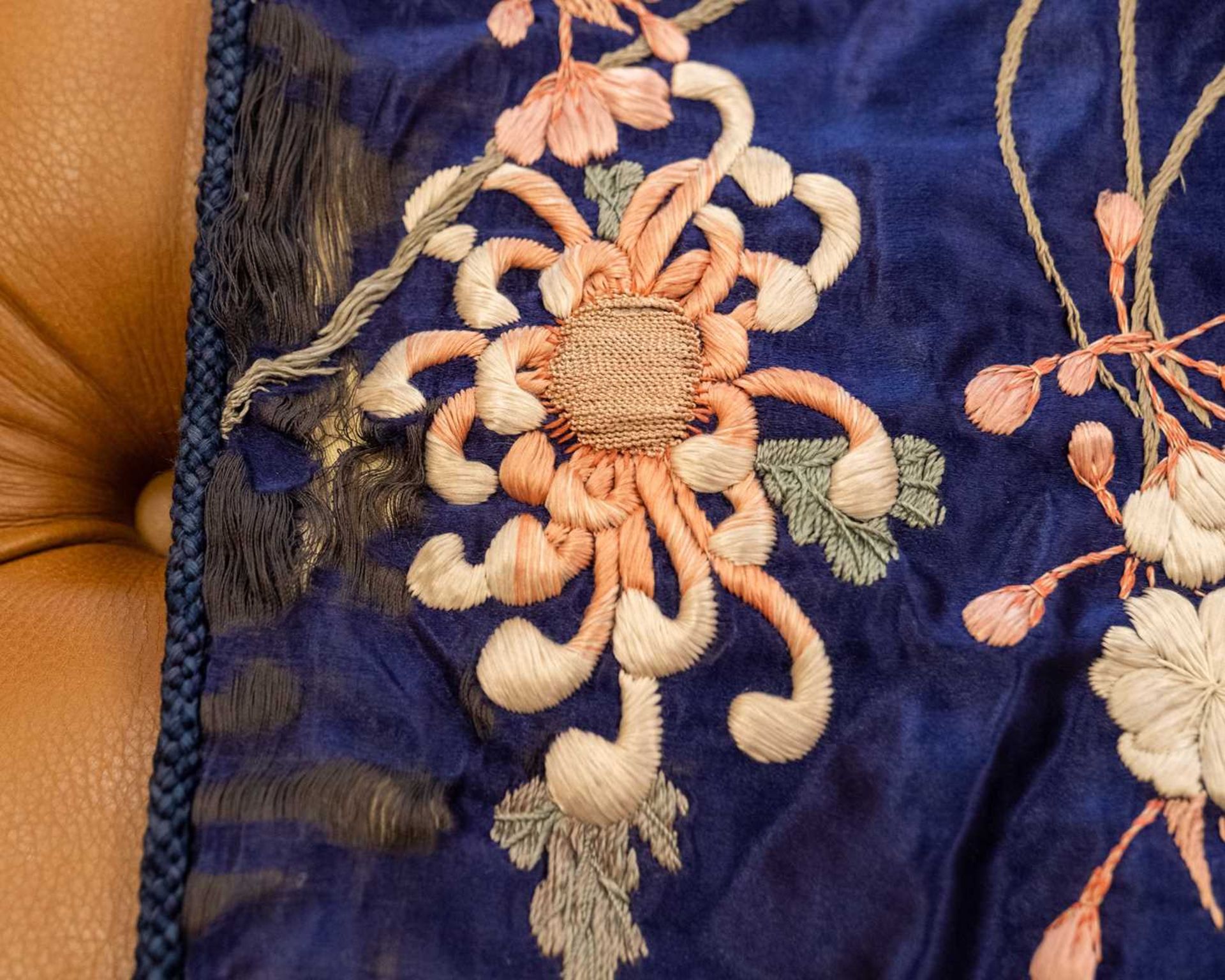 A decorative Japanese dark blue ground silk panel or hanging - Image 8 of 16