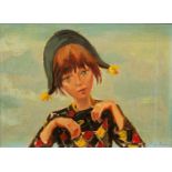 20th century Continental school, head and shoulder portrait of a girl dressed as Harlequin