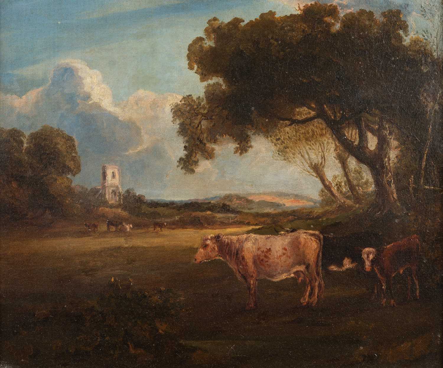 19th century English school, landscape with cattle by a tree with a distant church - Image 2 of 3