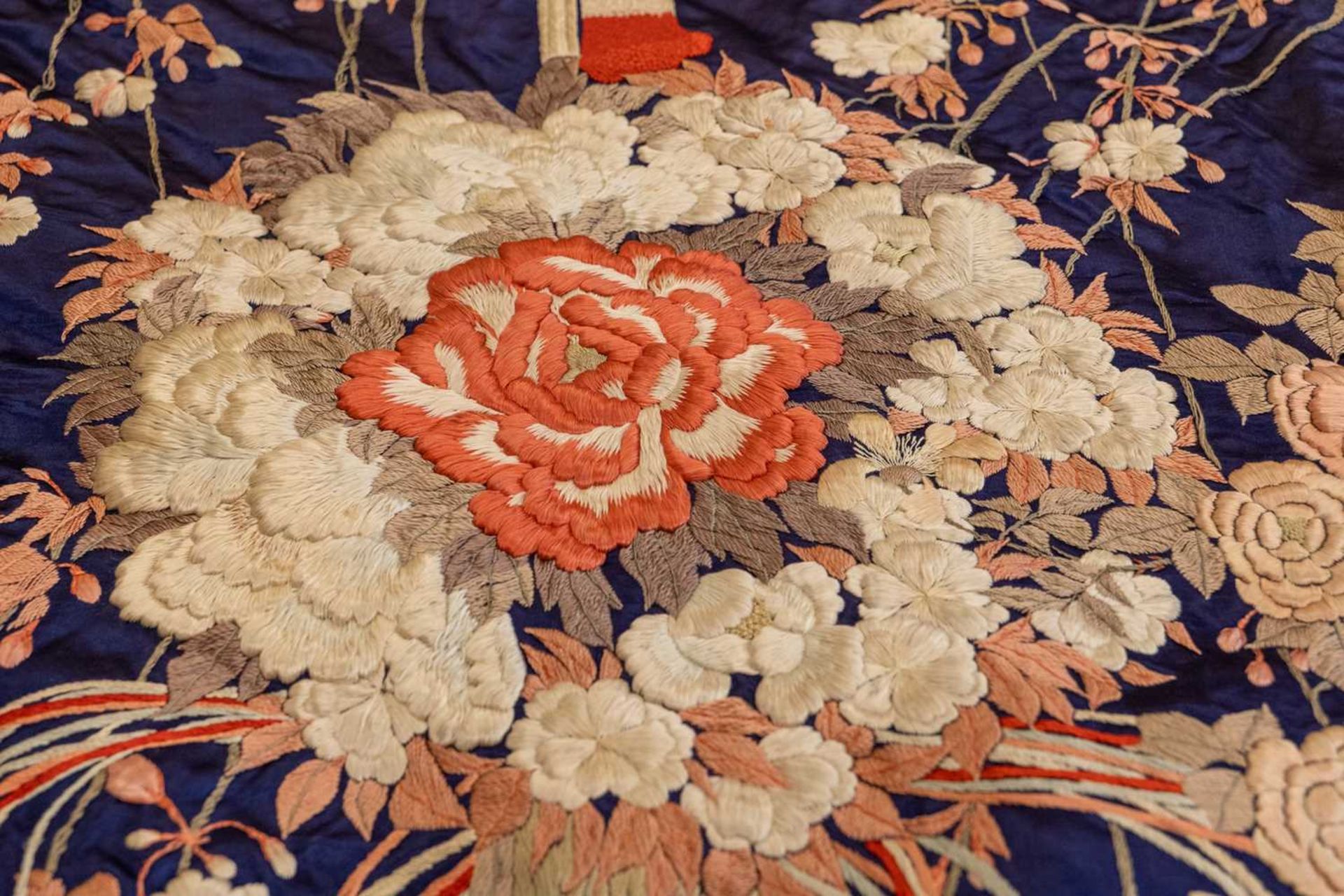 A decorative Japanese dark blue ground silk panel or hanging - Image 6 of 16