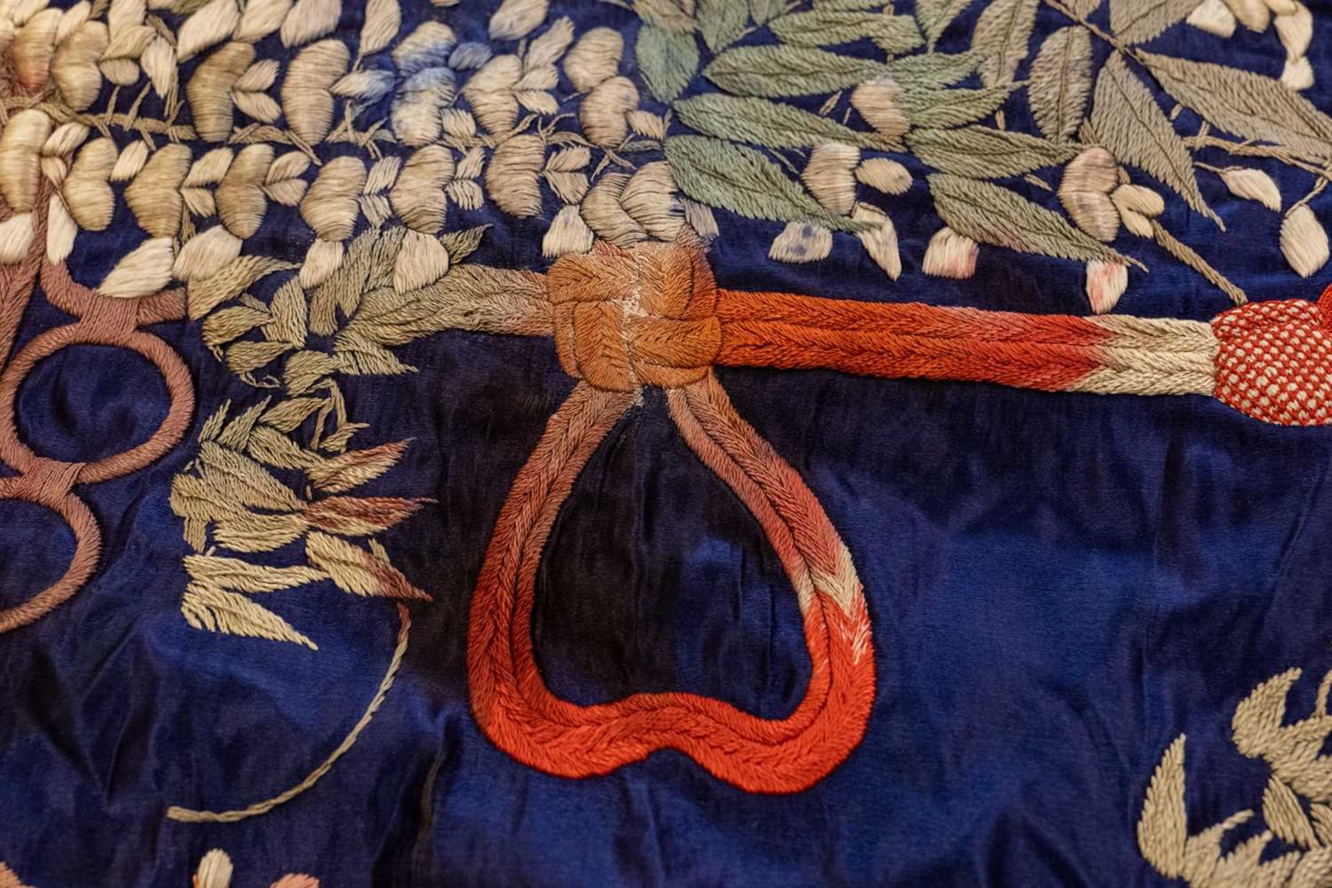 A decorative Japanese dark blue ground silk panel or hanging - Image 12 of 16