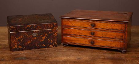 A tortoiseshell correspondence box and a small mahogany tabletop collectors chest
