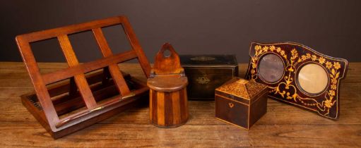 Two tea caddies; salt box; a photograph frame; and a hardwood bookstand