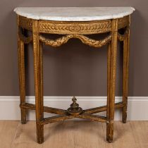 A 19th century Continental gilt carved, wooden, gesso moulded, console table with a marble top